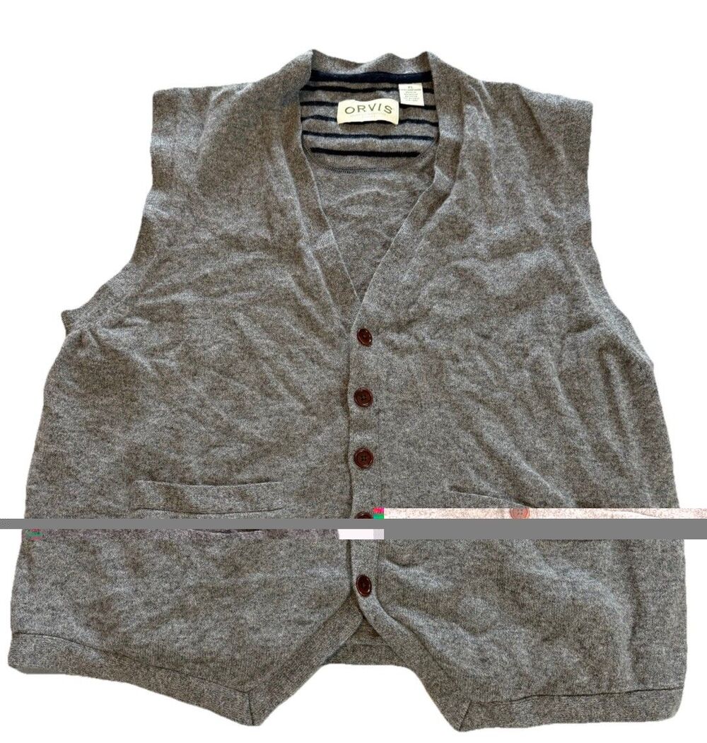 Orvis Mens XL Sweater Vest 100% Lambswool Grey Button Front Pockets Flawed